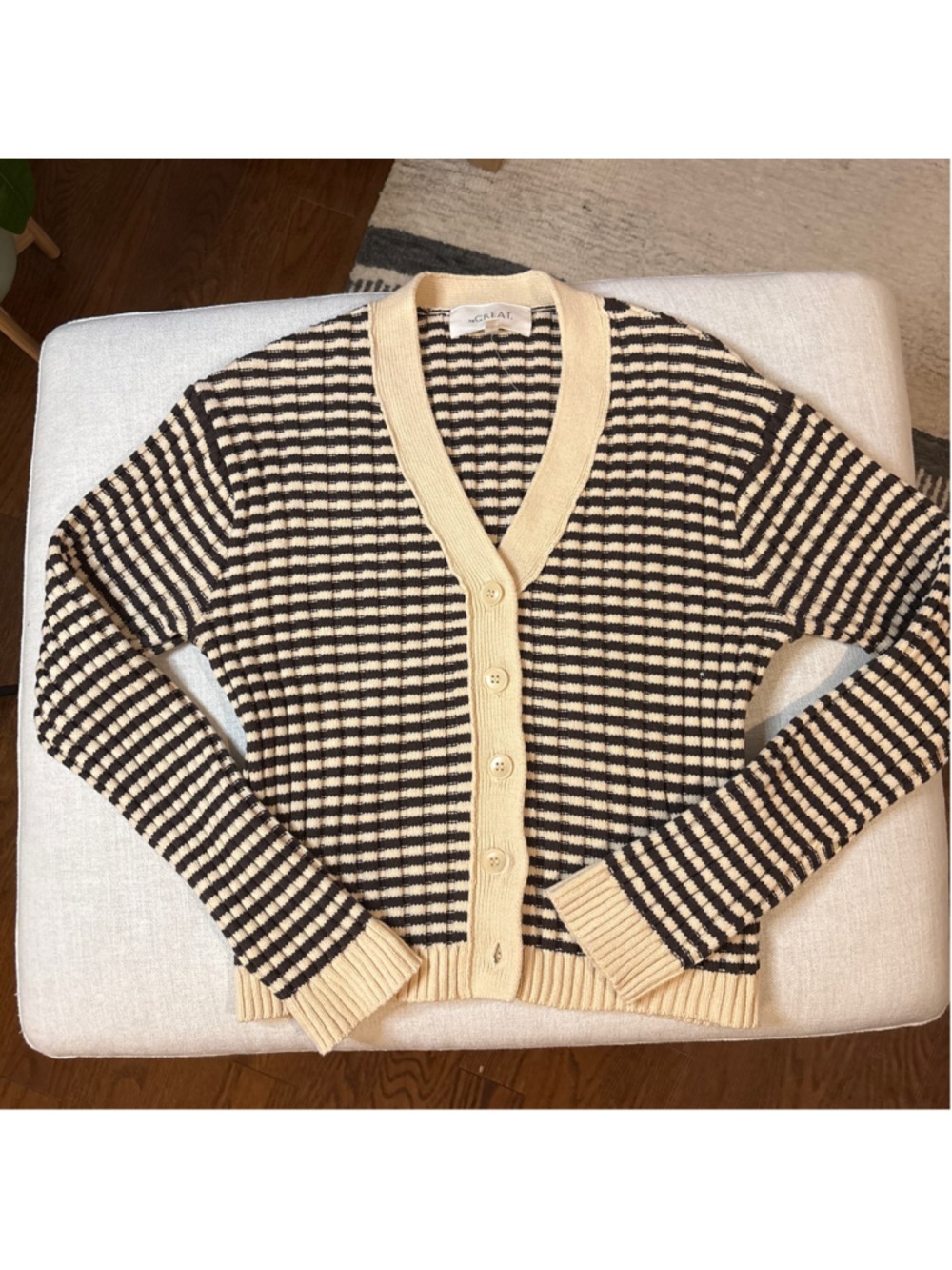 Women's THE GREAT. Striped Cardigan Sweater, Size 0, Beige and Black